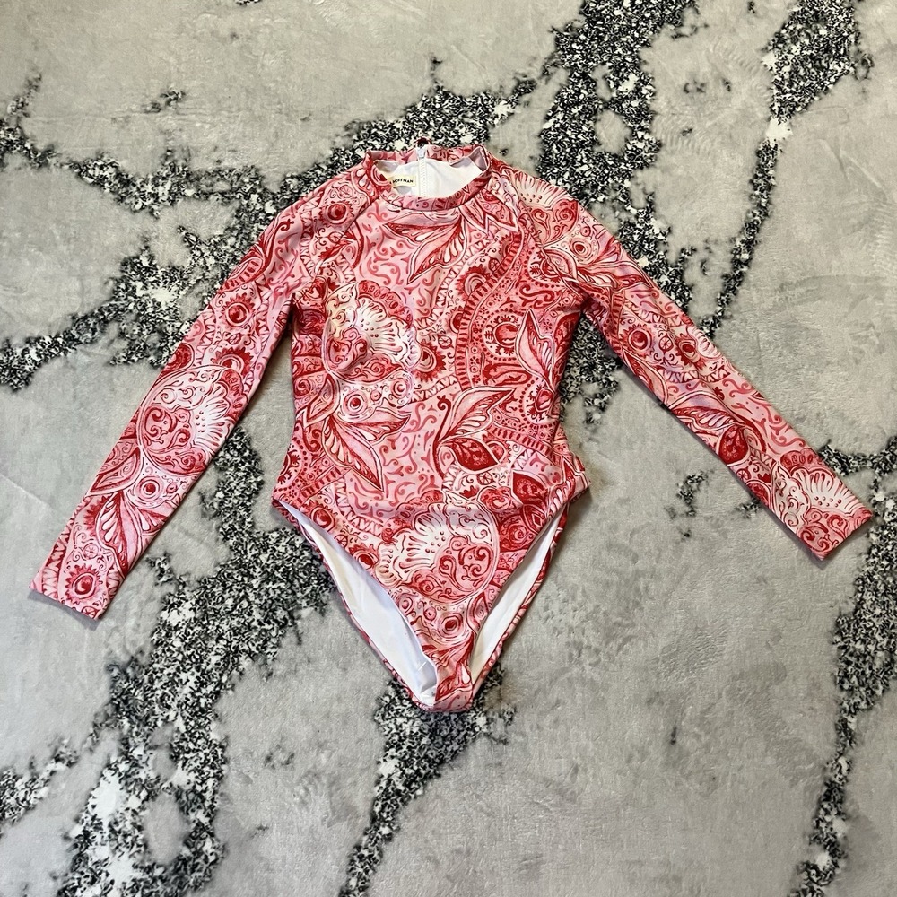 Mara Hoffman Swimsuit Womens Sz M Reese Rashguard Red Pink‎ Paisley Long Sleeve